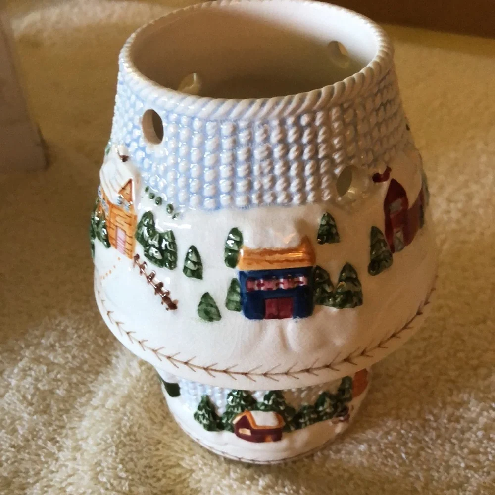 Winter Village Scene votive candle holder with shade Russ Berrie